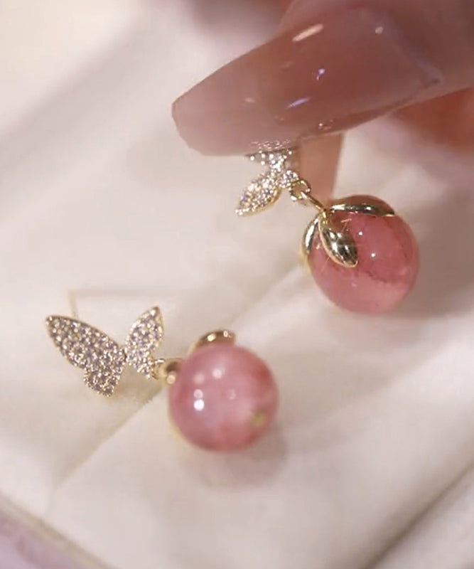 Zircon Cute Eye Butterfly Alloy Stone Cat Stud Pink Earrings