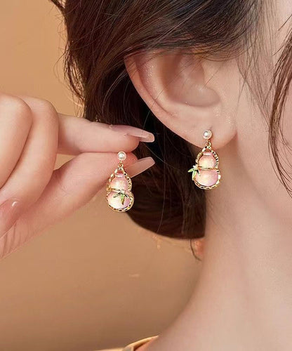 Alloy Pink Hollow Resin Out Earrings Drop Calabash Cute Zircon
