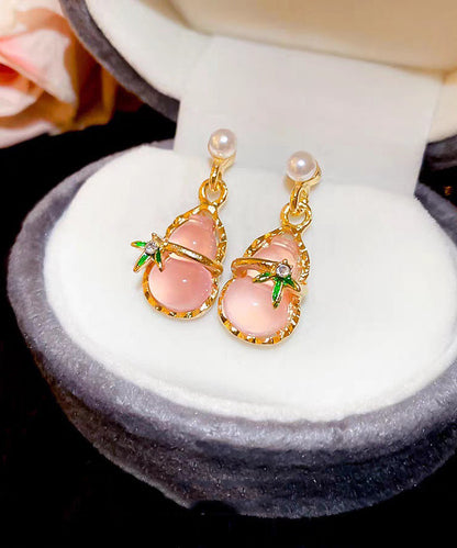 Alloy Pink Hollow Resin Out Earrings Drop Calabash Cute Zircon