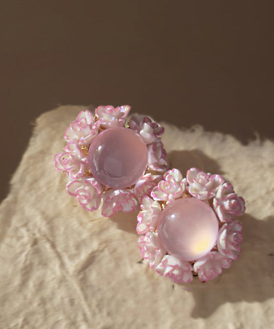 Cute Pink Copper Alloy Resin Floral Cat Eye Stone Stud Earrings YA035