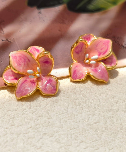 Drip Stud Cute Floral Glaze Earrings Copper Pink