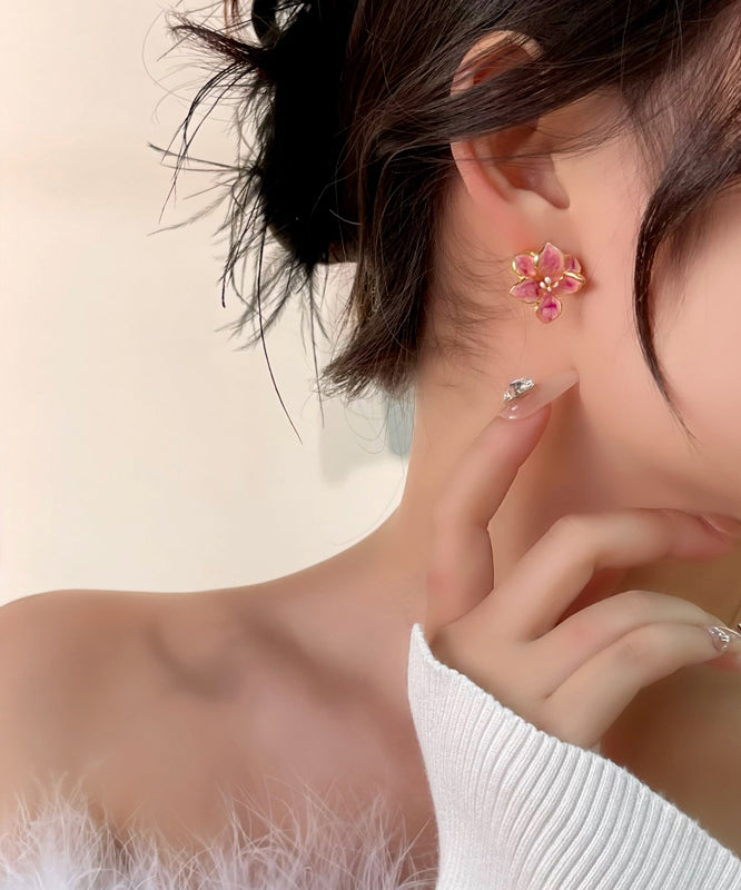 Drip Stud Cute Floral Glaze Earrings Copper Pink