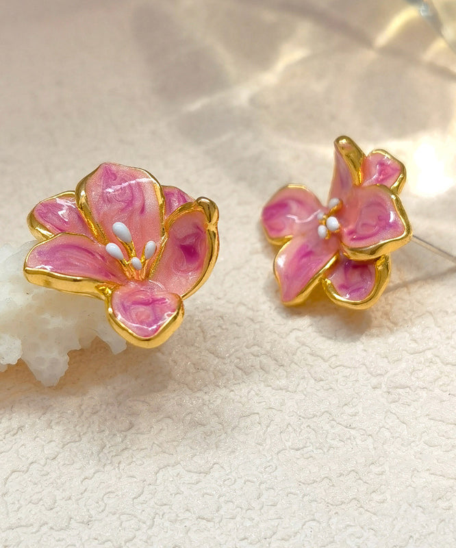 Drip Stud Cute Floral Glaze Earrings Copper Pink