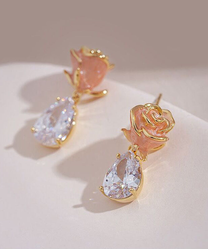 Rose Pink Gem Zircon Cute Copper Stone Water Earrings Drop