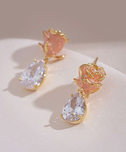 Rose Pink Gem Zircon Cute Copper Stone Water Earrings Drop