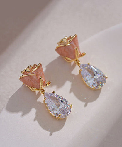 Rose Pink Gem Zircon Cute Copper Stone Water Earrings Drop