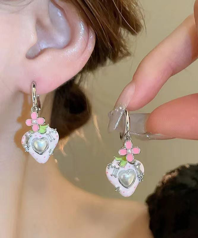 Cute Love Zircon Pearl Earrings Stud Strawberry Pink Copper