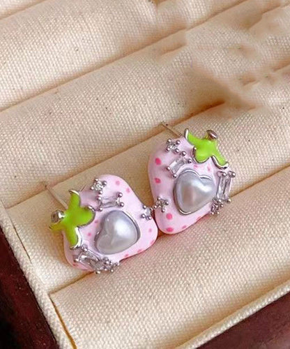 Cute Love Zircon Pearl Earrings Stud Strawberry Pink Copper