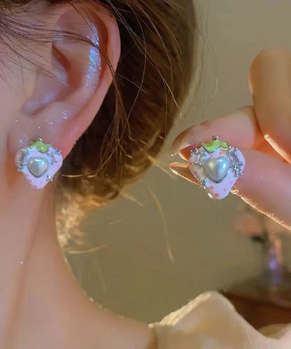 Cute Love Zircon Pearl Earrings Stud Strawberry Pink Copper