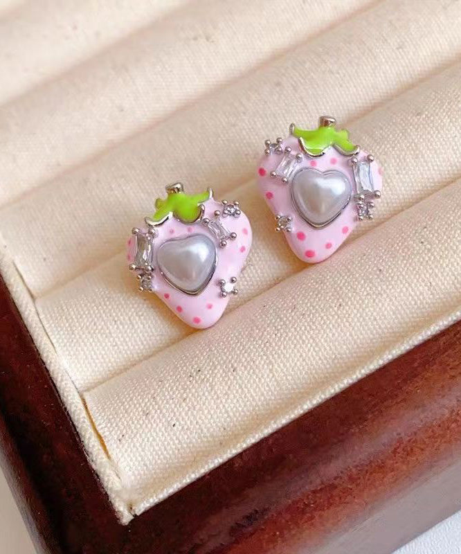 Cute Love Zircon Pearl Earrings Stud Strawberry Pink Copper