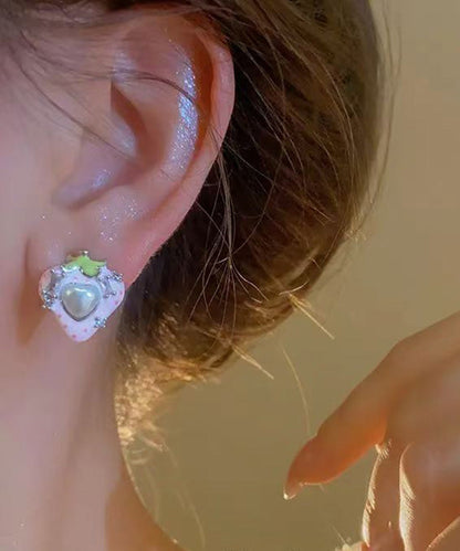 Cute Love Zircon Pearl Earrings Stud Strawberry Pink Copper