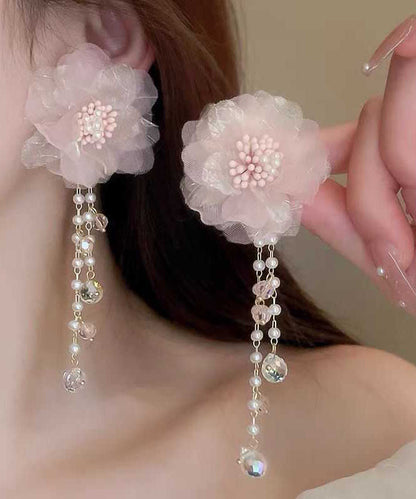 Cute Pink Crystal Pearl Tulle Floral Tassel Drop Earrings LL007