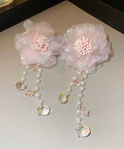 Cute Pink Crystal Pearl Tulle Floral Tassel Drop Earrings LL007