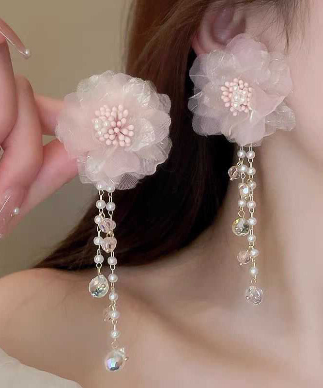 Cute Pink Crystal Pearl Tulle Floral Tassel Drop Earrings LL007