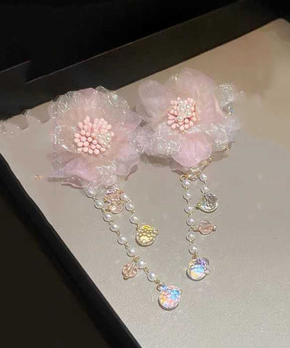 Cute Pink Crystal Pearl Tulle Floral Tassel Drop Earrings LL007