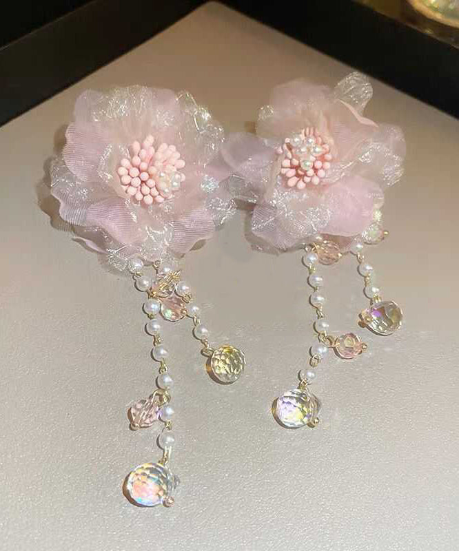 Cute Pink Crystal Pearl Tulle Floral Tassel Drop Earrings LL007