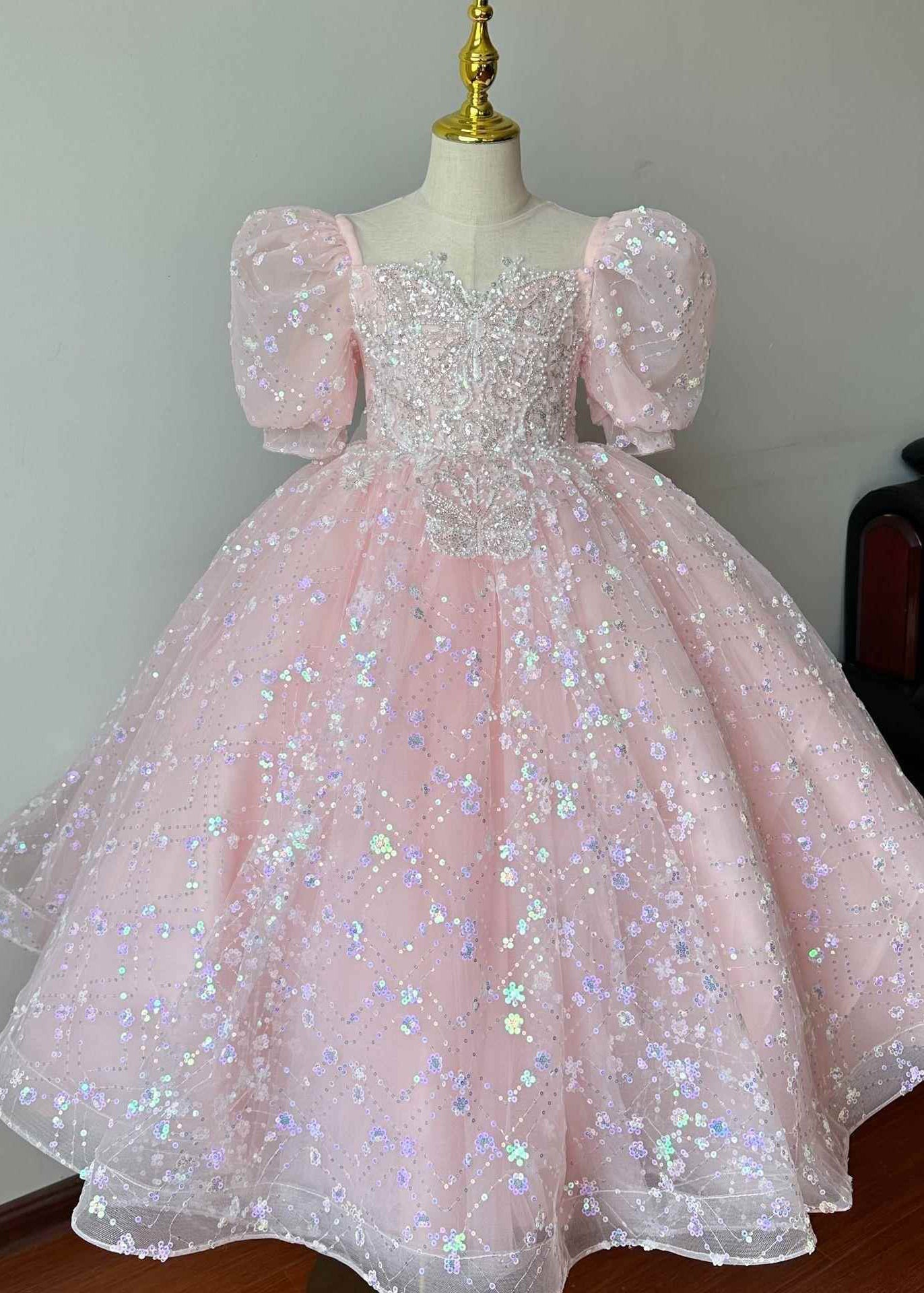 Cute Pink Embroideried Patchwork Tulle Kids Long Dresses Summer YG003