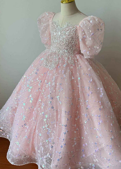 Cute Pink Embroideried Patchwork Tulle Kids Long Dresses Summer YG003