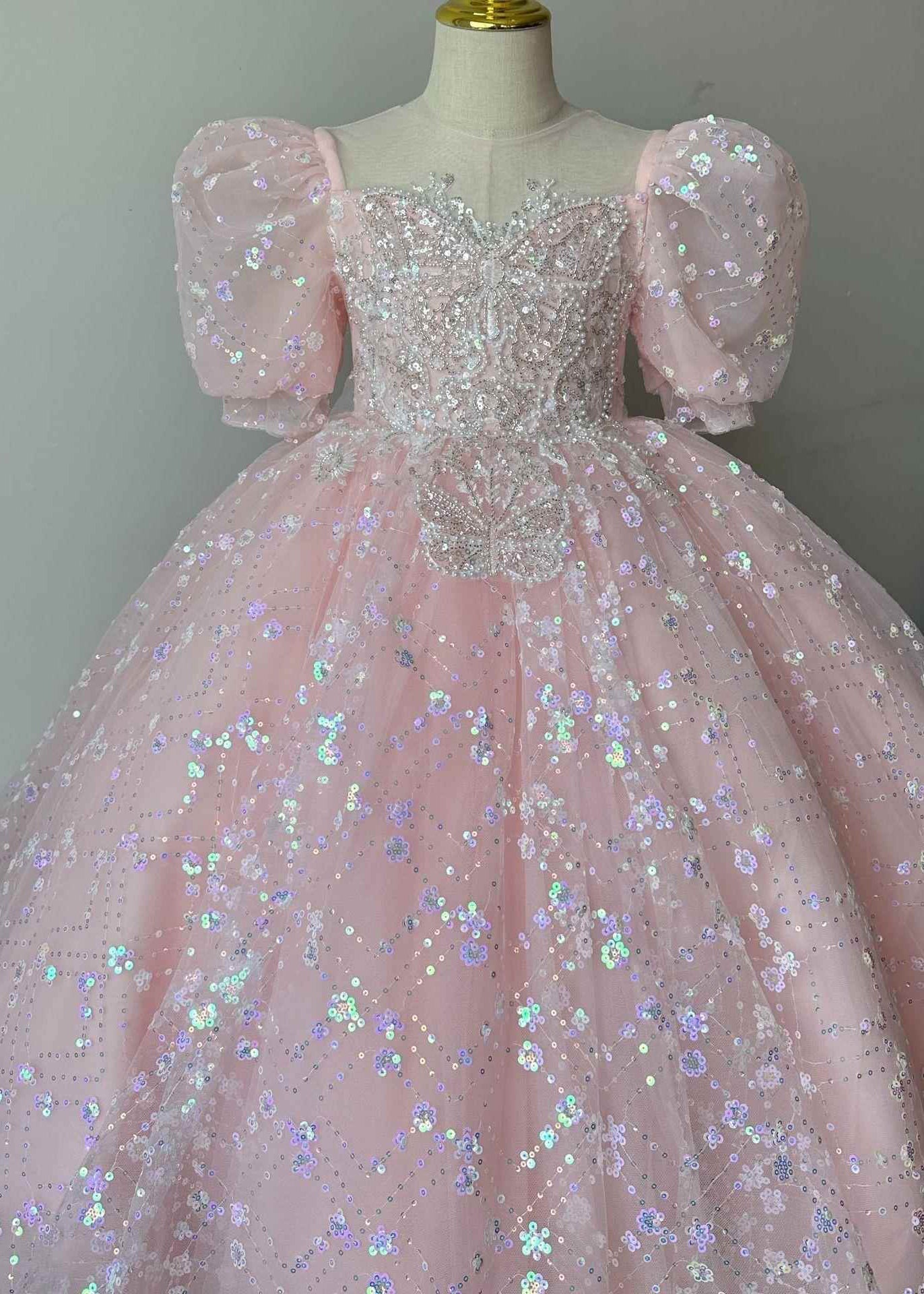 Cute Pink Embroideried Patchwork Tulle Kids Long Dresses Summer YG003