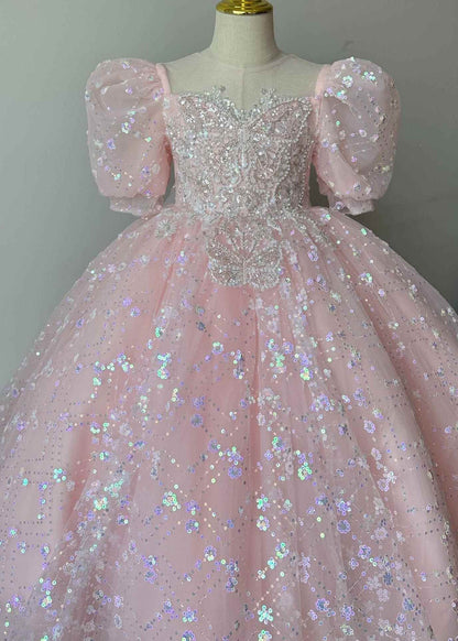 Cute Pink Embroideried Patchwork Tulle Kids Long Dresses Summer YG003