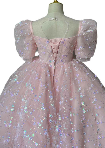 Cute Pink Embroideried Patchwork Tulle Kids Long Dresses Summer YG003