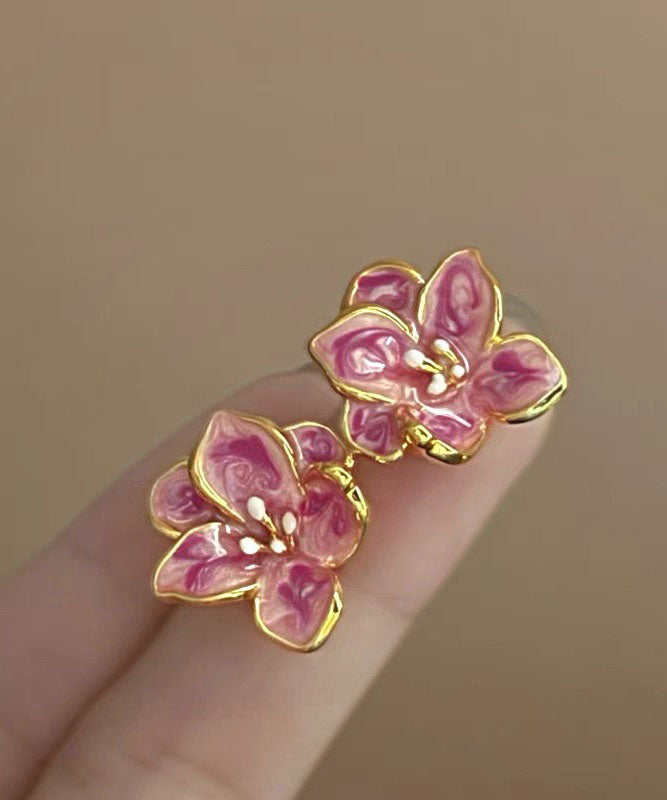 Cute Pink Metal Drip Glaze Floral Stud Earrings TX051