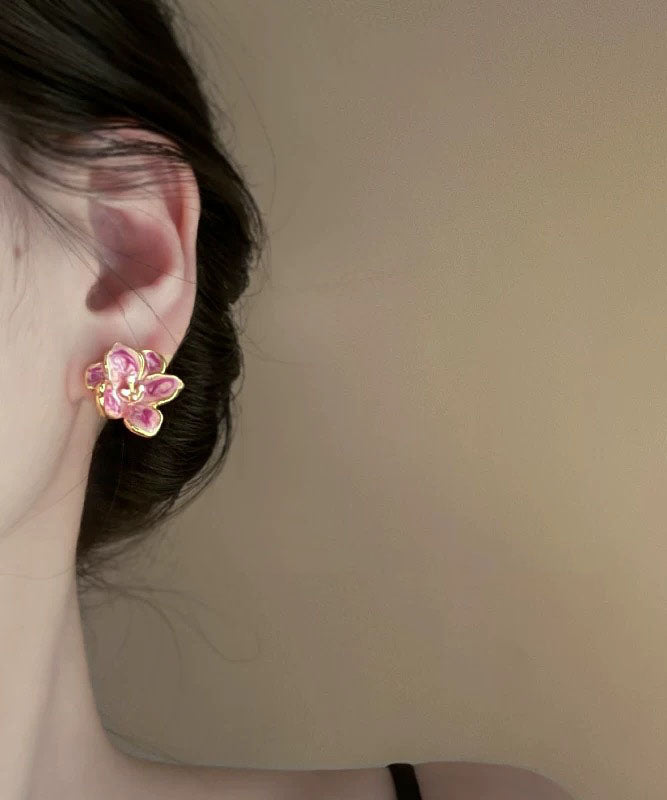 Cute Pink Metal Drip Glaze Floral Stud Earrings TX051