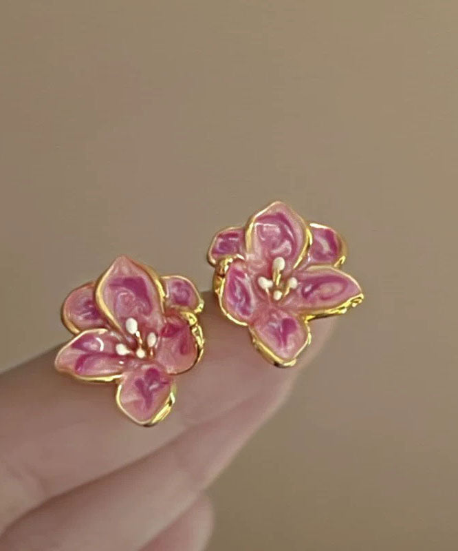 Cute Pink Metal Drip Glaze Floral Stud Earrings TX051