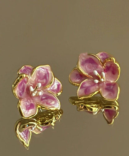 Cute Pink Metal Drip Glaze Floral Stud Earrings TX051
