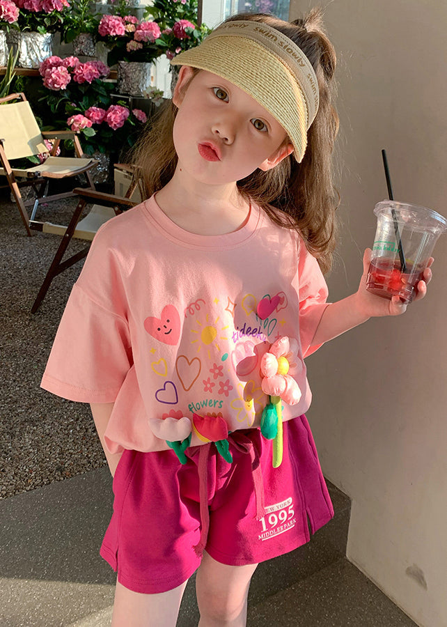 Cute Pink O Neck Print Cotton Girls Two Pieces Set Summer YU1054