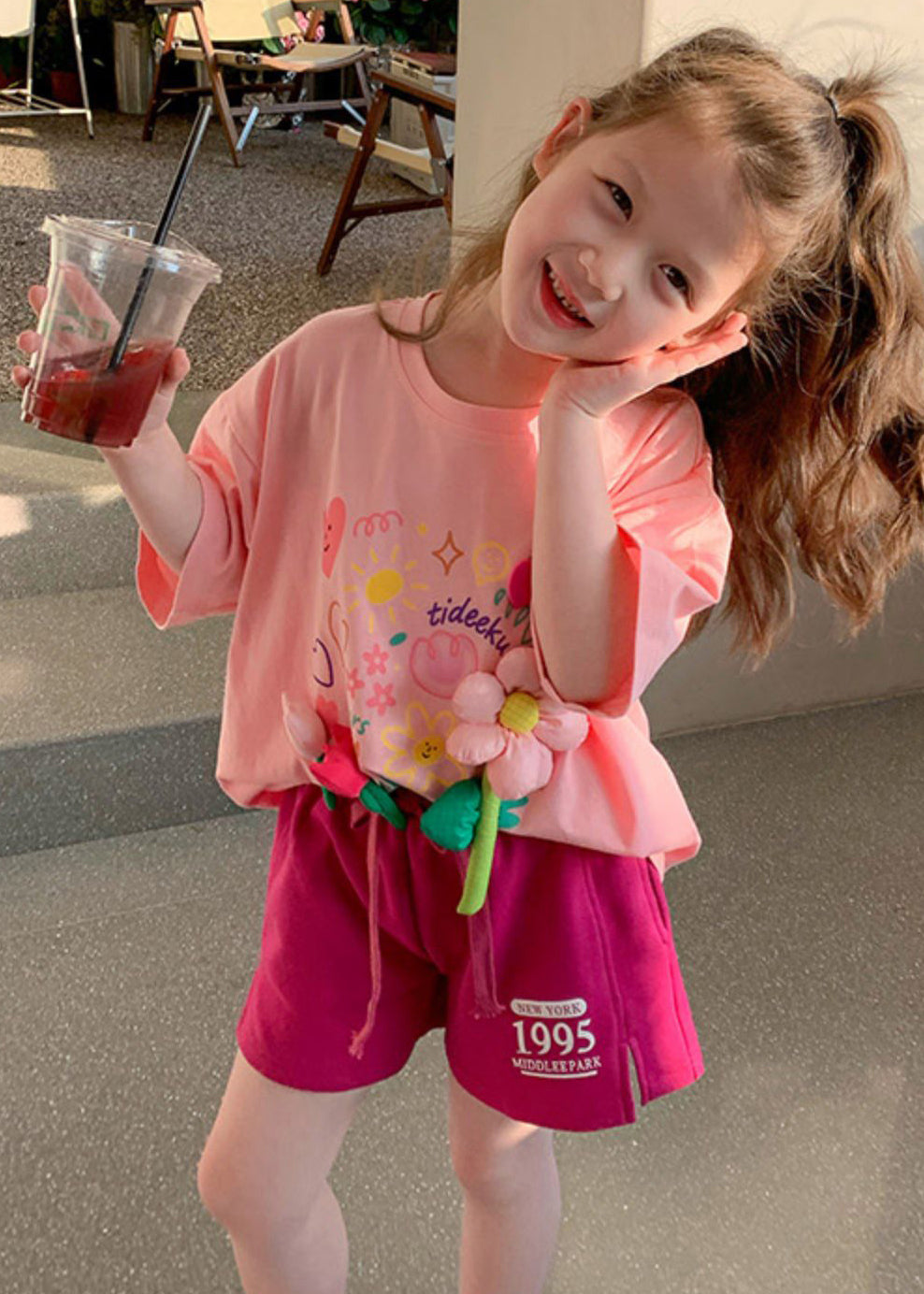 Cute Pink O Neck Print Cotton Girls Two Pieces Set Summer YU1054