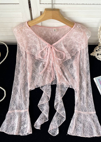 Cute Pink Ruffled Lace Up Lace Tops Flare Sleeve YF013