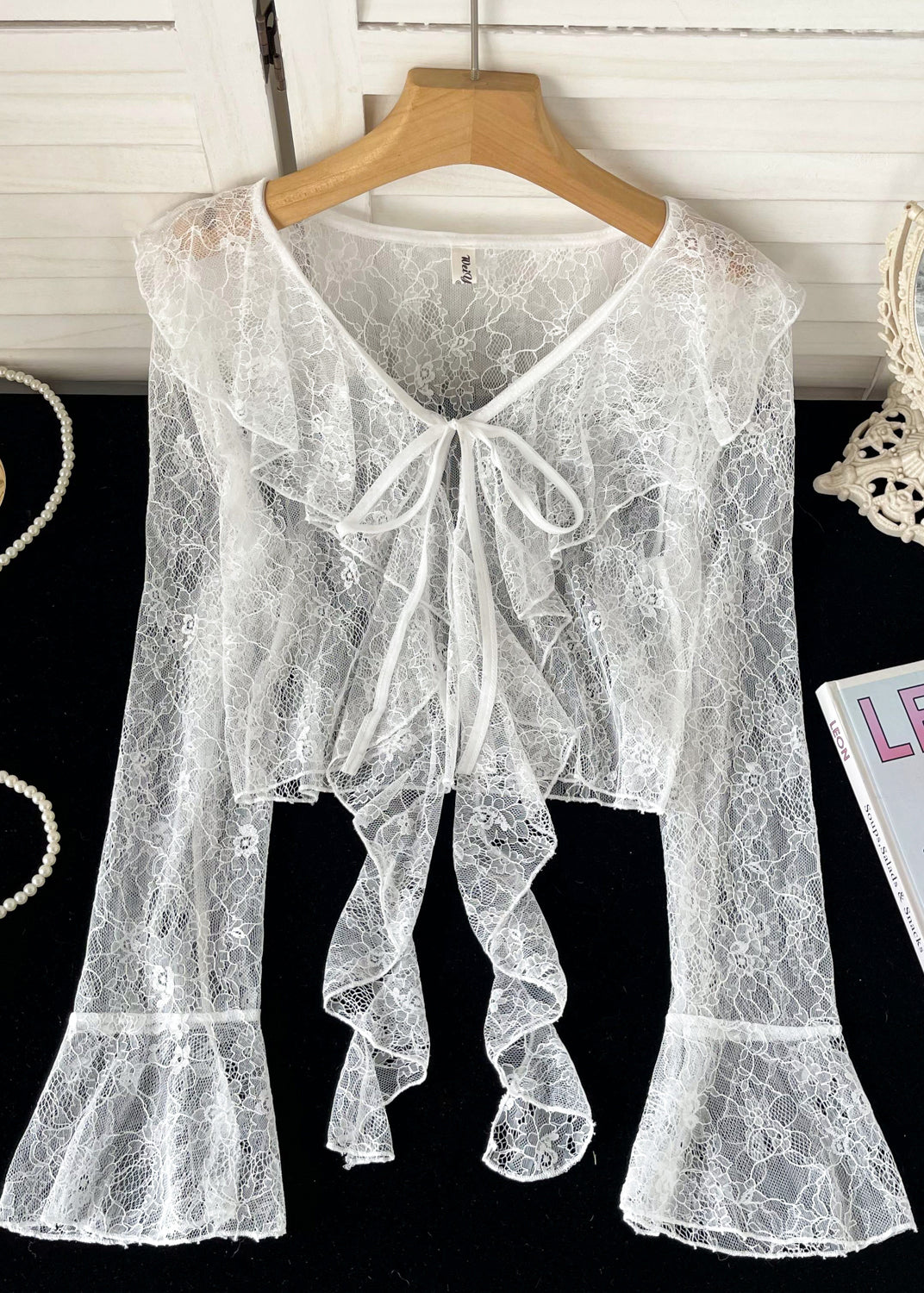 Cute Pink Ruffled Lace Up Lace Tops Flare Sleeve YF013