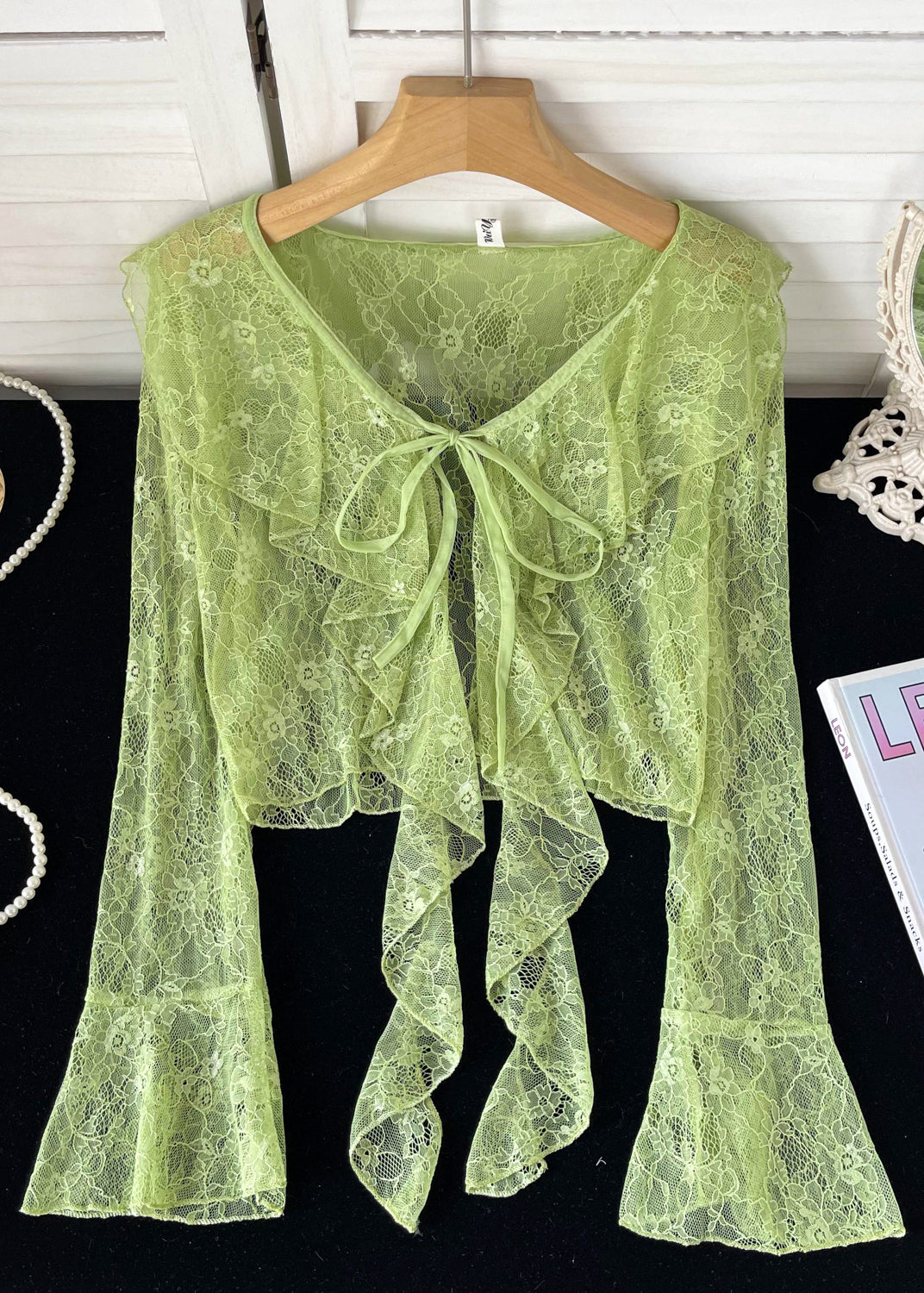 Cute Pink Ruffled Lace Up Lace Tops Flare Sleeve YF013