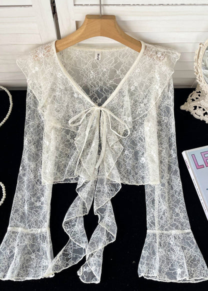 Cute Pink Ruffled Lace Up Lace Tops Flare Sleeve YF013