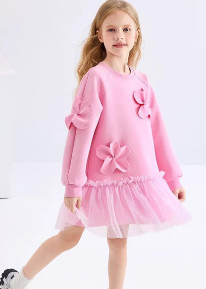 Cute Pink Ruffled Tulle Patchwork Floral Girls Holiday Long Dress Spring YE017