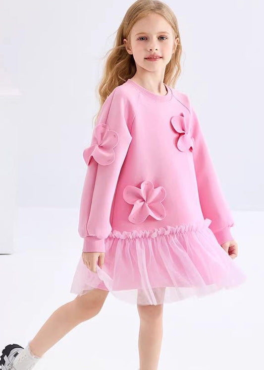 Cute Pink Ruffled Tulle Patchwork Floral Girls Holiday Long Dress Spring YE017