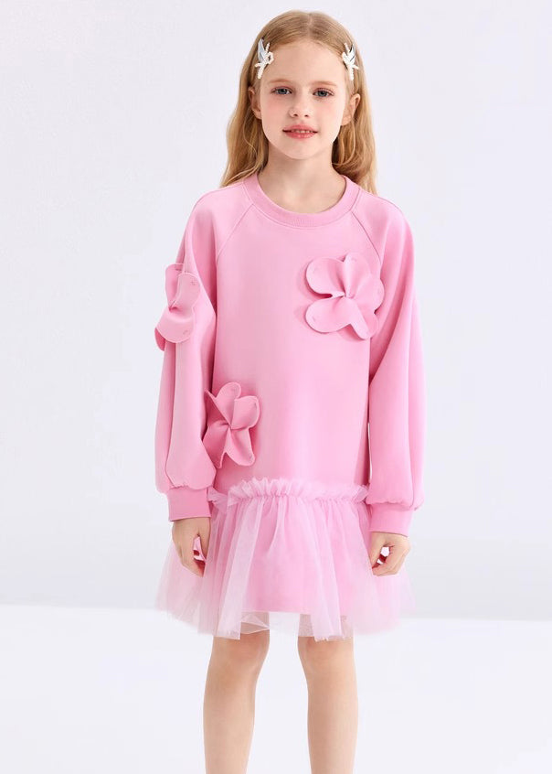 Cute Pink Ruffled Tulle Patchwork Floral Girls Holiday Long Dress Spring YE017