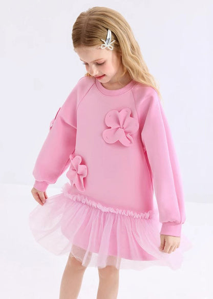 Cute Pink Ruffled Tulle Patchwork Floral Girls Holiday Long Dress Spring YE017