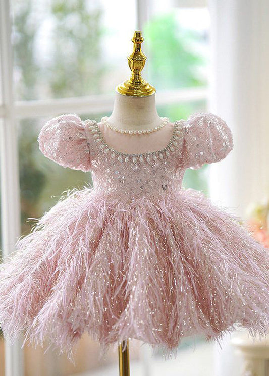 Cute Pink Sequins Pearl Patchwork Tulle Kids Long Dress Short Sleeve YG002