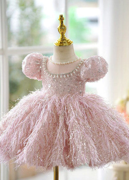Cute Pink Sequins Pearl Patchwork Tulle Kids Long Dress Short Sleeve YG002
