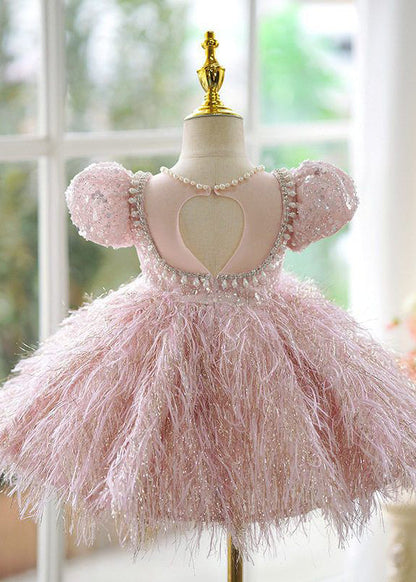 Cute Pink Sequins Pearl Patchwork Tulle Kids Long Dress Short Sleeve YG002