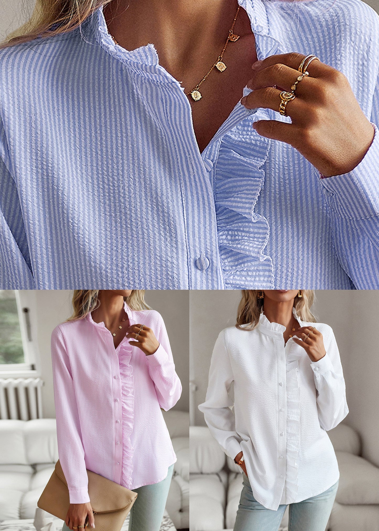 Button Stand Fall Collar Shirt Cute Pink