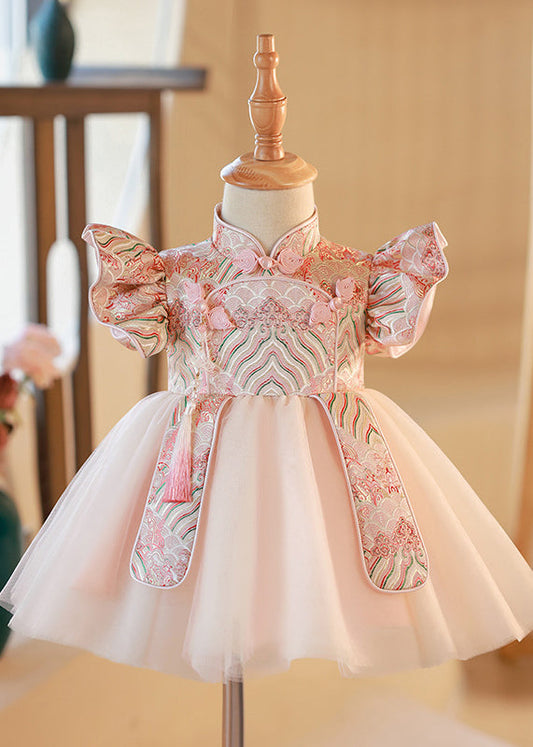 Cute Pink Stand Collar Button Tulle Patchwork Kids Maxi Dresses Short Sleeve YG012