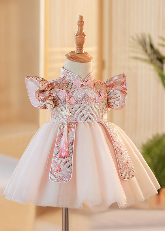 Cute Pink Stand Collar Button Tulle Patchwork Kids Maxi Dresses Short Sleeve YG012