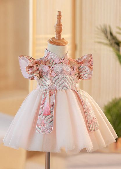Cute Pink Stand Collar Button Tulle Patchwork Kids Maxi Dresses Short Sleeve YG012