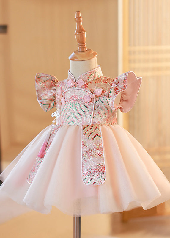 Cute Pink Stand Collar Button Tulle Patchwork Kids Maxi Dresses Short Sleeve YG012
