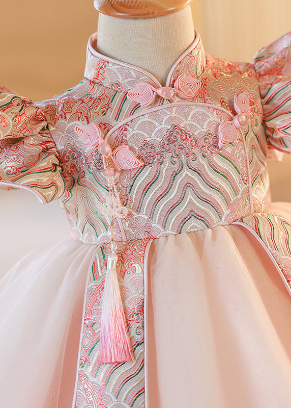 Cute Pink Stand Collar Button Tulle Patchwork Kids Maxi Dresses Short Sleeve YG012