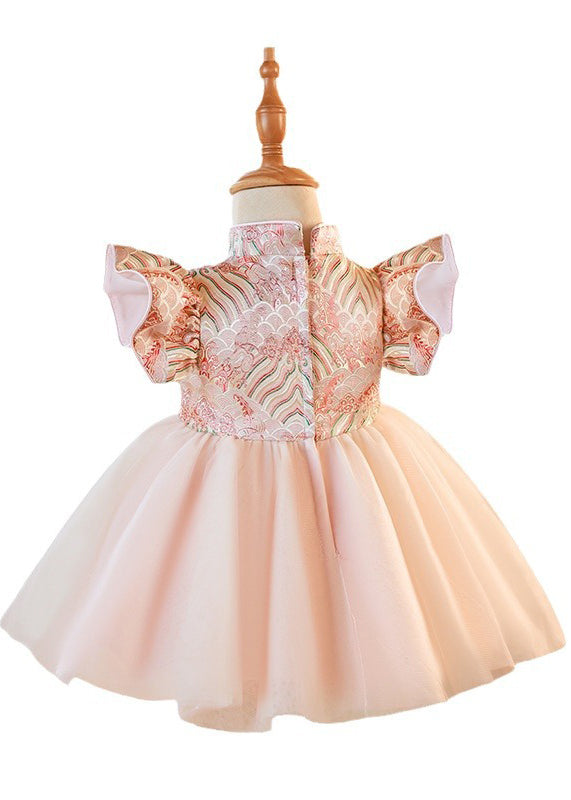Cute Pink Stand Collar Button Tulle Patchwork Kids Maxi Dresses Short Sleeve YG012