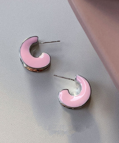 Cute Drip Sterling C-Shaped Glaze Pink Silver Earrings Hoop